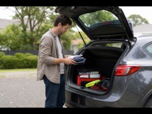 Driver checking roadside equipment and car insurance documents
