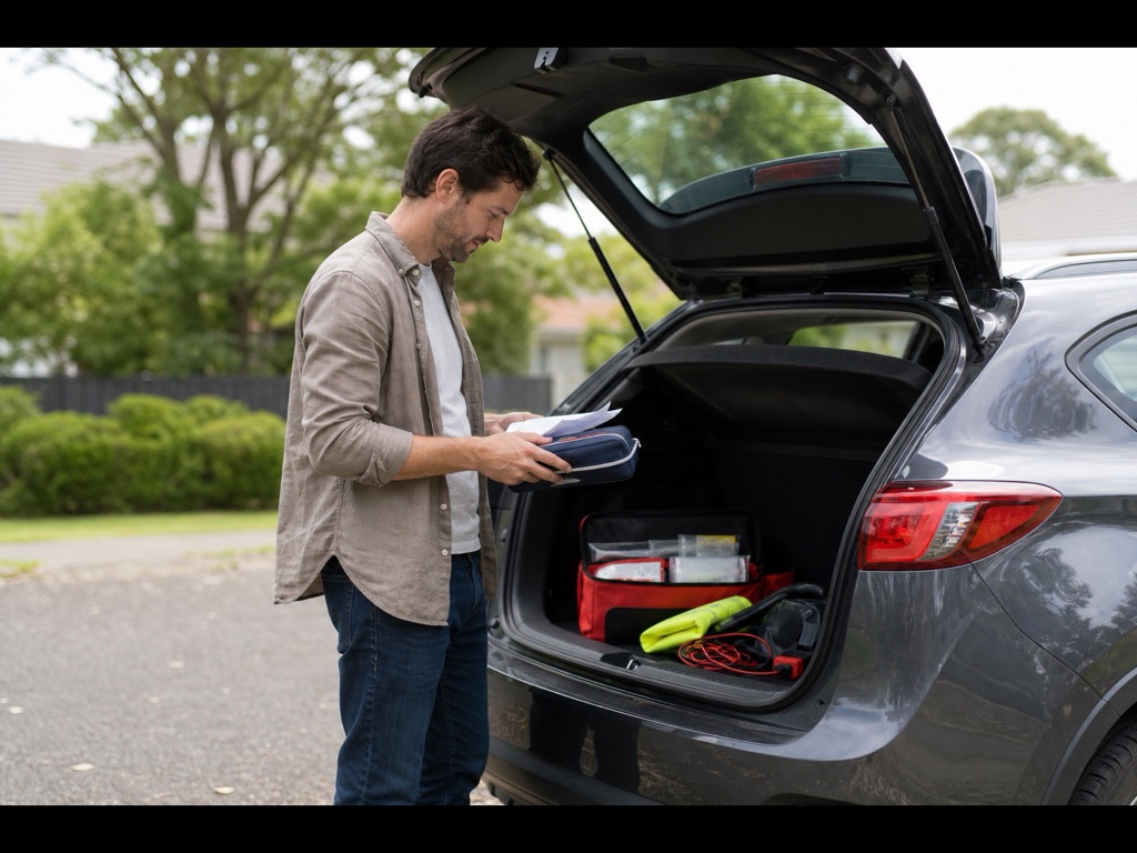 Driver checking roadside equipment and car insurance documents