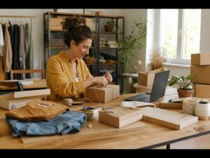 Small business owner packing first orders in a low-cost home workspace