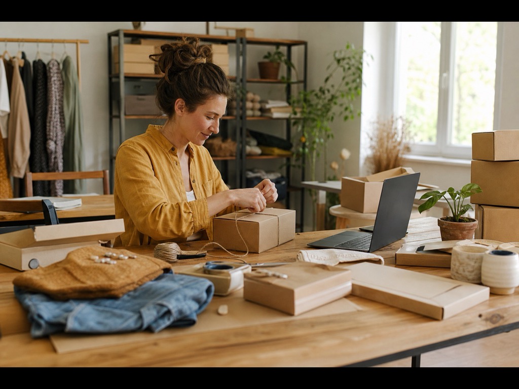 Small business owner packing first orders in a low-cost home workspace