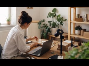 Beginner creating a small digital product business from a home workspace
