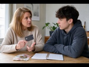 Parent and young adult discussing a prepaid card and weekly budget