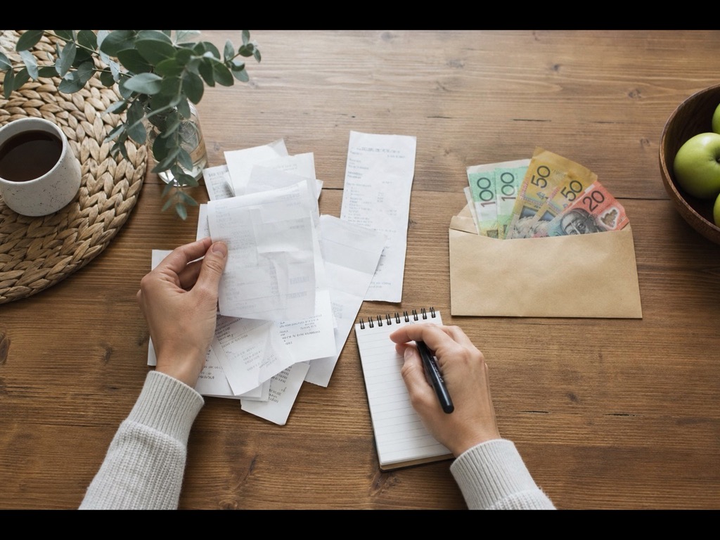 Hands auditing receipts and setting aside an emergency cash buffer