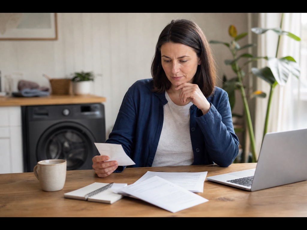 Shopper reviewing interest-free finance paperwork before a purchase